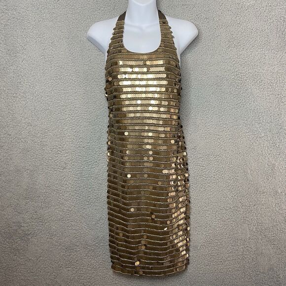 New BCBG Sequin Gold NYE Bronze Iman Mini Dress Small Coin Criss Cross Back NWT - Picture 1 of 14